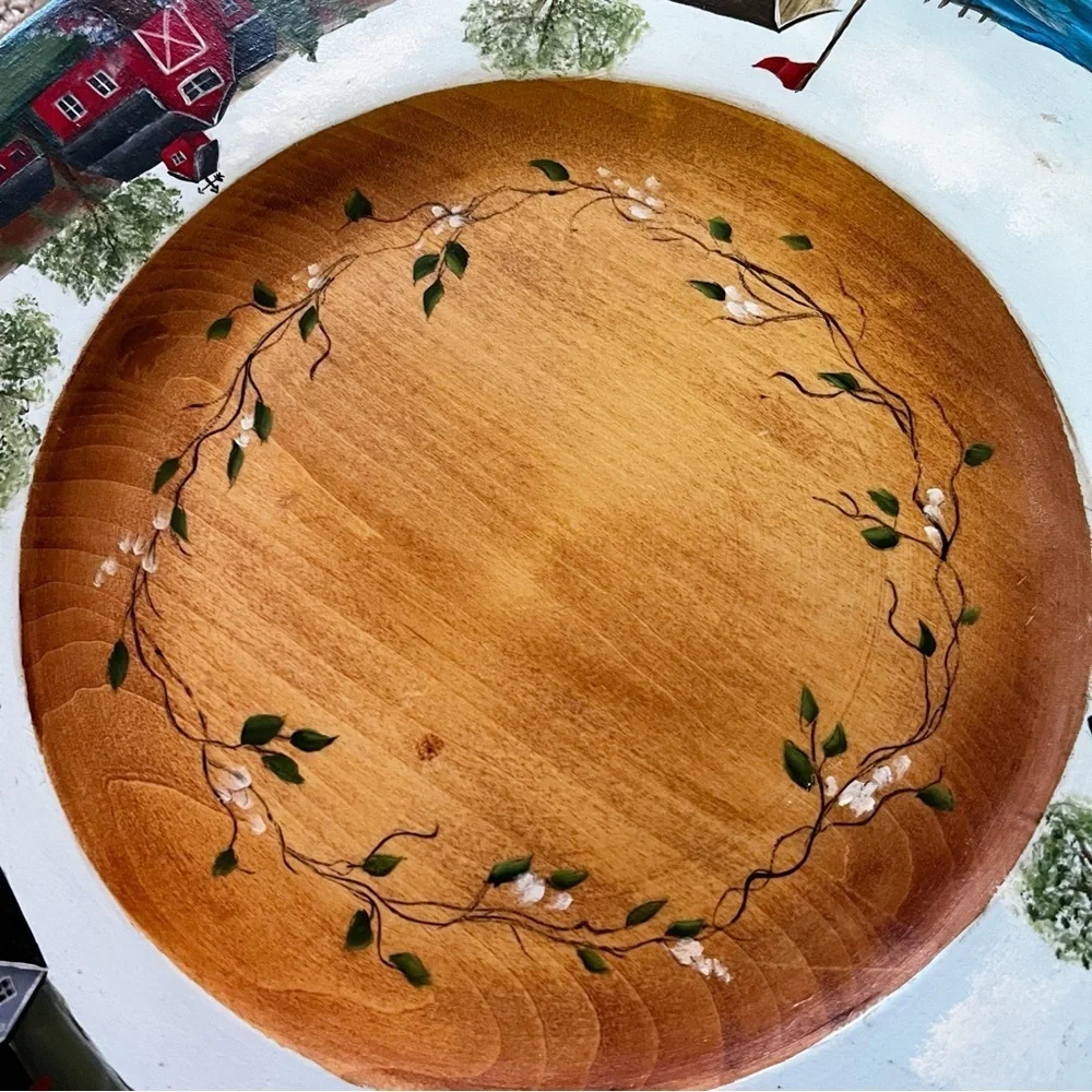 Hand Painted Wooden Plate Folk Art Coastal Village Nautical Americana Harbor